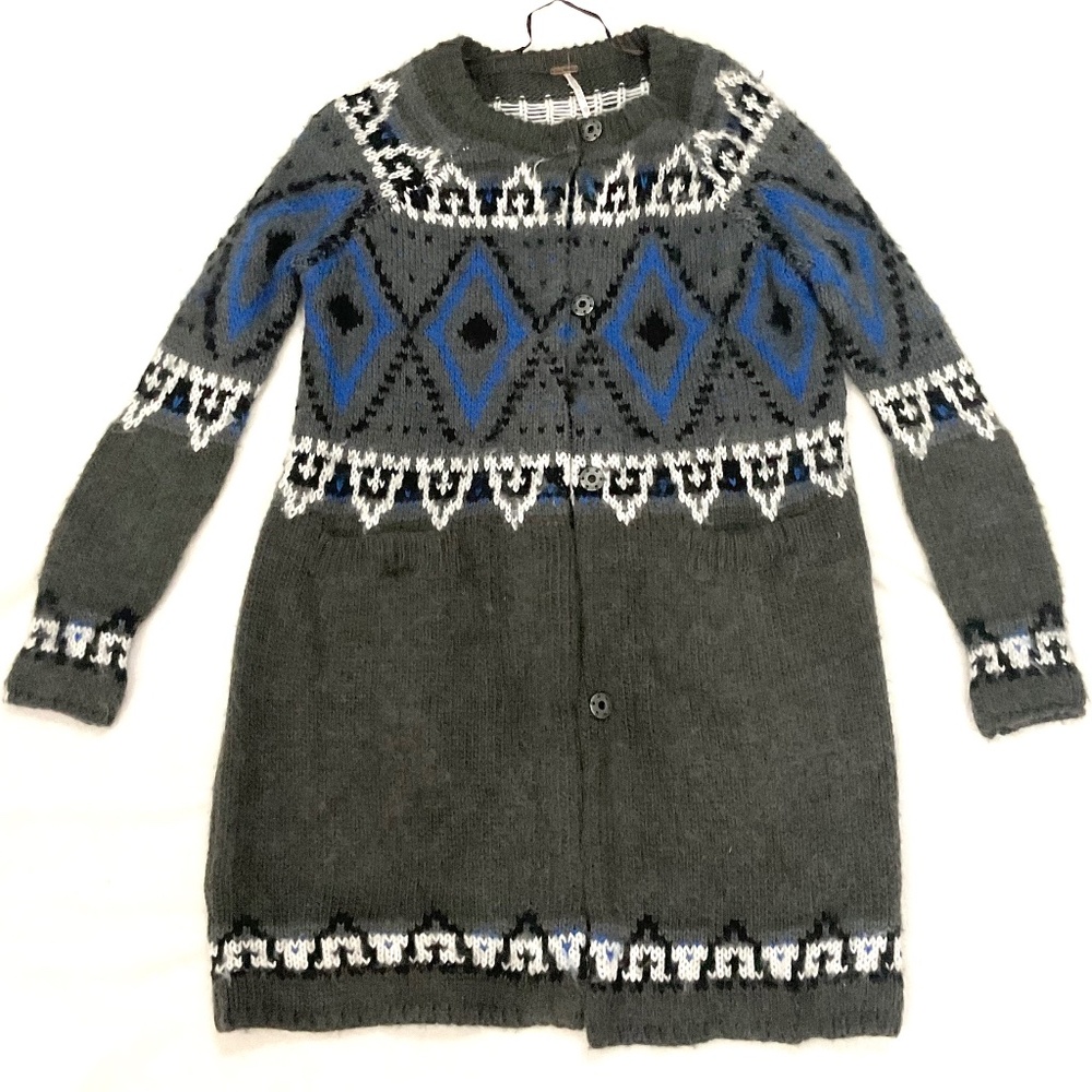 Free People Fair Isle Mohair Wool Blend Snap Button Cardigan Sweater Sz Xtra Sm